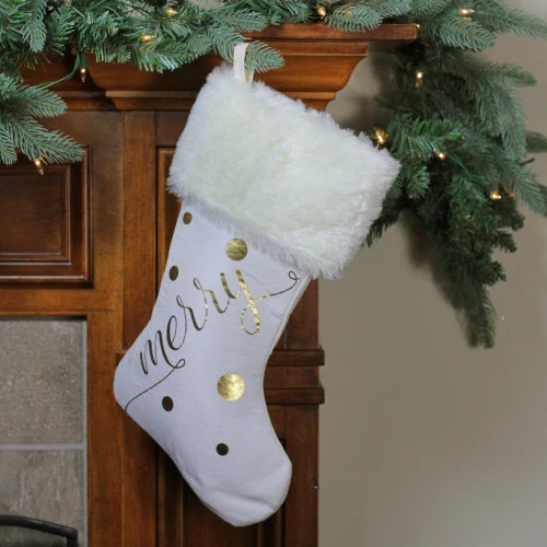 Northlight 19" Ivory White Gold Foil "Merry" Christmas Stocking With White Faux Fur Cuff 4 Northlight 19" Ivory White Gold Foil "Merry" Christmas Stocking With White Faux Fur Cuff - Image 2