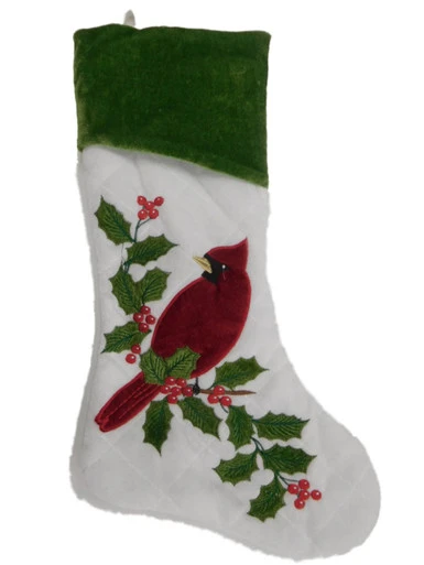 Quilted White & Green Velour Red Cadinal Bird & Holly Christmas Holiday Stocking 3 Quilted White & Green Velour Red Cadinal Bird & Holly Christmas Holiday Stocking