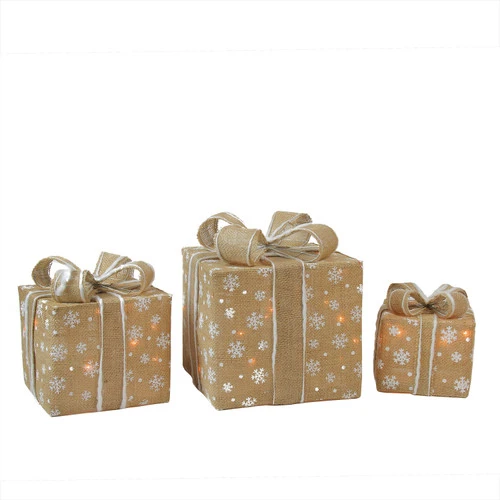 Northlight Lighted Snowflake Burlap Gift Boxes Outdoor Christmas Decorations - Clear - Set Of 3 3 Northlight Lighted Snowflake Burlap Gift Boxes Outdoor Christmas Decorations - Clear - Set Of 3
