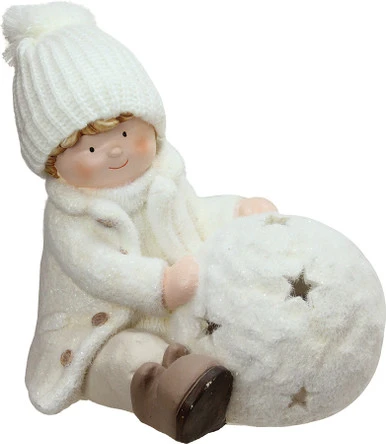 Christmas Snowball With Sitting Boy Tealight Candle Holder - 12.5" - White 3 Christmas Snowball With Sitting Boy Tealight Candle Holder - 12.5" - White