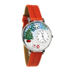 Whimsical Gifts Christmas Tree 3D Watch | Gold Or Silver Finish Large Or Small | Unique Fun Novelty | Handmade In USA | Red Leather Watch Band
