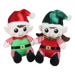 Northlight Plush Sitting Boy And Girl Christmas Elf Figures - 13" - Red And Green - Set Of 2