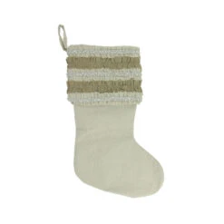 Northlight 21" Ivory And Sage Green Rustic Christmas Stocking With Beaded Ruffled Cuff
