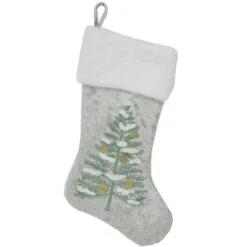 Northlight 20" Snow Covered Green Tree Gray Christmas Stocking With White Cuff