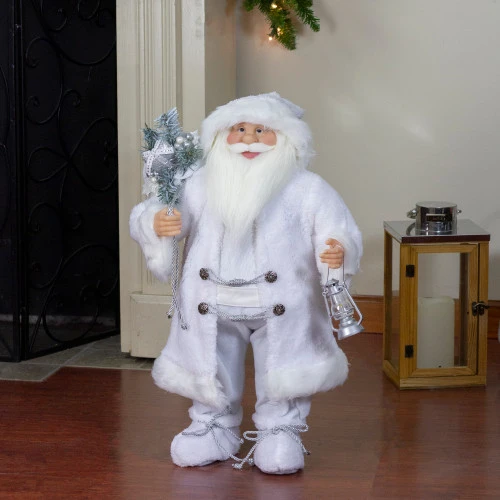 Northlight 24" White Silver Santa Claus With Lantern Christmas Figure 4 Northlight 24" White Silver Santa Claus With Lantern Christmas Figure - Image 2