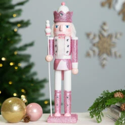 Northlight Jeweled And Glittered Nutcracker King Christmas Figure - 15" - Pink And White