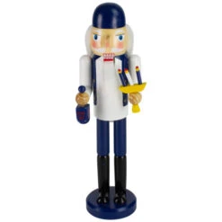 14" Blue And White Wooden Hanukkah Nutcracker With Dreidel And Menorah