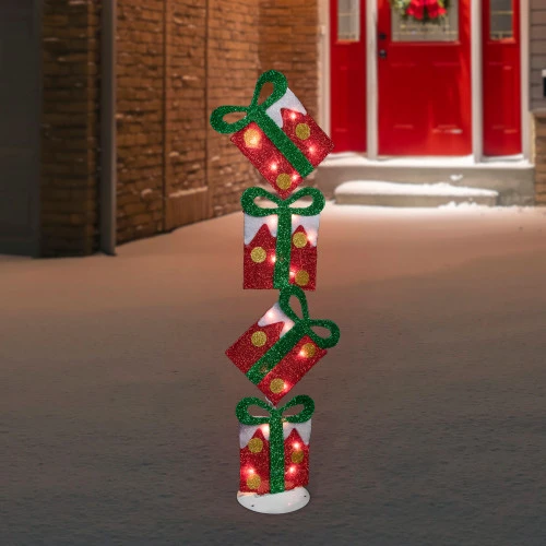 Northlight Lighted Tinsel Stacked Gift Boxes Outdoor Christmas Decoration - 44" - Clear Lights 4 Northlight Lighted Tinsel Stacked Gift Boxes Outdoor Christmas Decoration - 44" - Clear Lights - Image 2