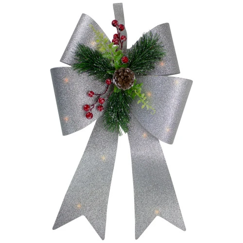 Northlight 19" LED Lighted Sliver Tinsel Bow Christmas Decoration 3 Northlight 19" LED Lighted Sliver Tinsel Bow Christmas Decoration