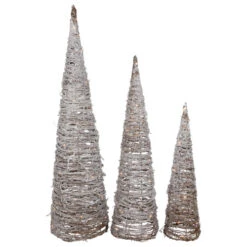 Northlight LED Lighted Snowy Rattan Christmas Cone Tree Decorations - 3.25' - Set Of 3