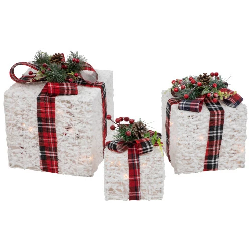Northlight Lighted Textured And Plaid Gift Boxes Outdoor Decorations - Warm White - Set Of 3 6 Northlight Lighted Textured And Plaid Gift Boxes Outdoor Decorations - Warm White - Set Of 3 - Image 4