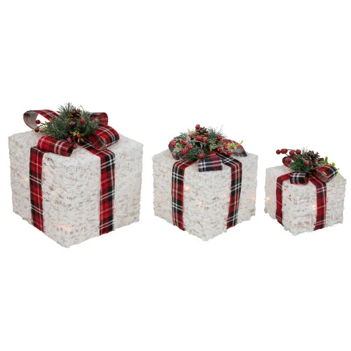 Northlight Lighted Textured And Plaid Gift Boxes Outdoor Decorations - Warm White - Set Of 3 3 Northlight Lighted Textured And Plaid Gift Boxes Outdoor Decorations - Warm White - Set Of 3