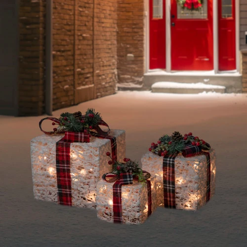 Northlight Lighted Textured And Plaid Gift Boxes Outdoor Decorations - Warm White - Set Of 3 4 Northlight Lighted Textured And Plaid Gift Boxes Outdoor Decorations - Warm White - Set Of 3 - Image 2