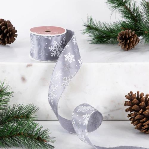 Northlight Gray And White Shimmering Snowflakes Wired Craft Christmas Ribbon 2.5" X 10 Yards 4 Northlight Gray And White Shimmering Snowflakes Wired Craft Christmas Ribbon 2.5" X 10 Yards - Image 2