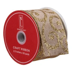 Northlight Burlap And Gold Scroll Christmas Wired Craft Ribbon 2.5" X 10 Yards -Northlight Christmas northlight ky91457 1 70822.1605666732