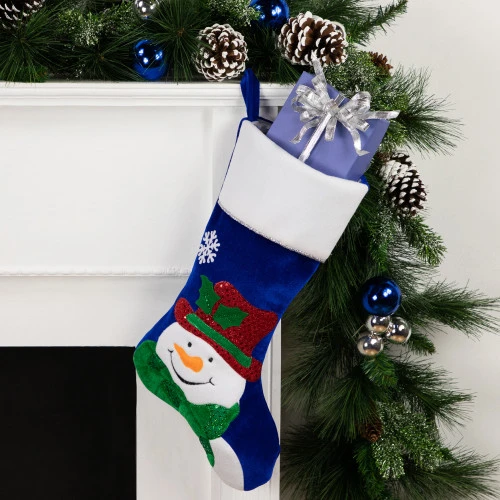 Northlight 20" Royal Blue Embroidered Velveteen Snowman Christmas Stocking With White Cuff 4 Northlight 20" Royal Blue Embroidered Velveteen Snowman Christmas Stocking With White Cuff - Image 2