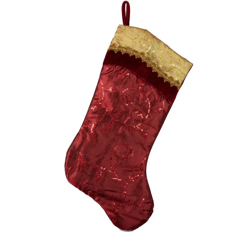Northlight 20" Red And Gold Leaf Christmas Stocking With Wavy Sequined Cuff 3 Northlight 20" Red And Gold Leaf Christmas Stocking With Wavy Sequined Cuff
