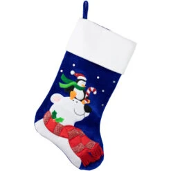 Northlight 24" Large Penguin And Bear Blue Velveteen Christmas Stocking With White Cuff