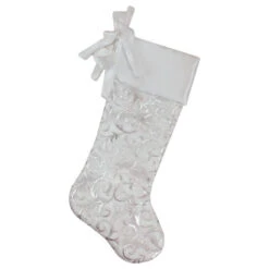 Northlight 19” White And Silver Filigree Christmas Stocking With Bows