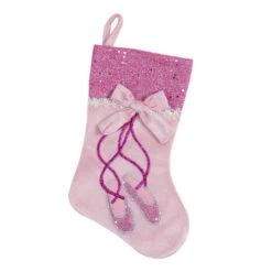 Northlight 14" Pink And Silver Ballerina Shoes Christmas Stocking With Glitter Cuff And Bow