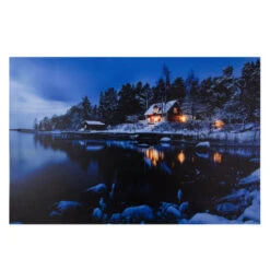 23.75" LED Lighted Rustic Lodge Cabin On The Lake Canvas Wall Art