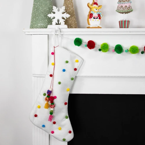 Northlight 20" White Christmas Stocking With Multicolor Pom-Poms And Tassels 5 Northlight 20" White Christmas Stocking With Multicolor Pom-Poms And Tassels - Image 3
