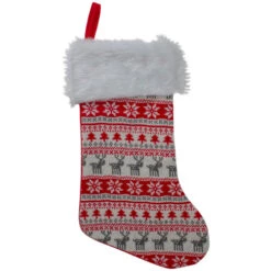 Northlight 19" Red And White Deer And Snowflake Knit Christmas Stocking With Faux Fur Cuff