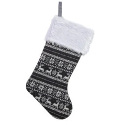 Northlight 19" Gray And White Reindeer And Snowflake Knit Christmas Stocking With Faux Fur Cuff