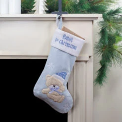 Northlight Baby's 1st Christmas Embroidered Teddy Bear Stocking - 19" - Blue And White
