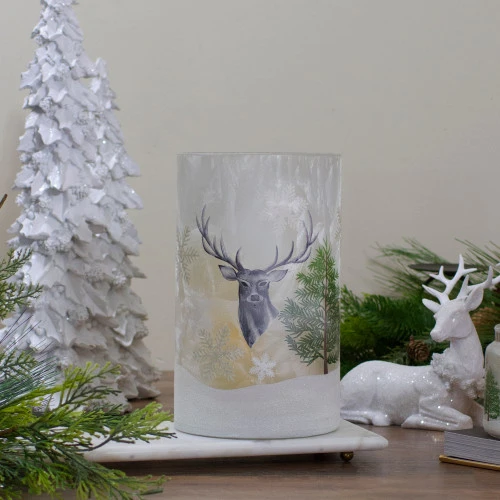 Northlight 10" Deer, Pine And Snowflakes Hand Painted Flameless Glass Christmas Candle Holder 4 Northlight 10" Deer, Pine And Snowflakes Hand Painted Flameless Glass Christmas Candle Holder - Image 2