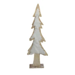 Snowy Wooden Tree Christmas Decoration - 14.5" - Beige And White