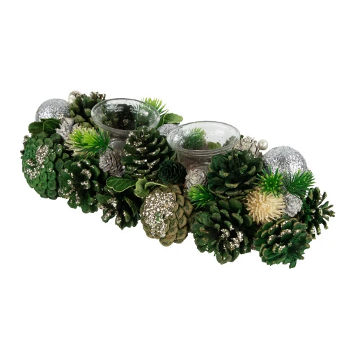 Northlight 13" Green Pinecone And Silver Glitter Ornaments Christmas Tealight Candle Holder 5 Northlight 13" Green Pinecone And Silver Glitter Ornaments Christmas Tealight Candle Holder - Image 3