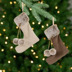 Plush Stockings Christmas Ornaments - 7.5" - Beige And Brown - Set Of 2