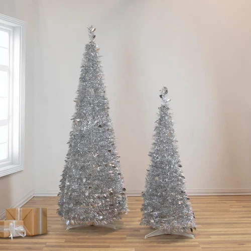 Northlight 6' Silver Tinsel Pop-Up Artificial Christmas Tree, Unlit 4 Northlight 6' Silver Tinsel Pop-Up Artificial Christmas Tree, Unlit - Image 2