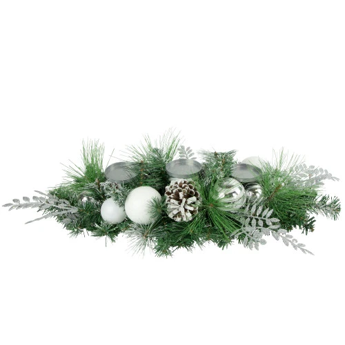 Northlight 30" Green Pine And Needle Triple Candle Holder With Pinecones And Christmas Ornaments 3 Northlight 30" Green Pine And Needle Triple Candle Holder With Pinecones And Christmas Ornaments