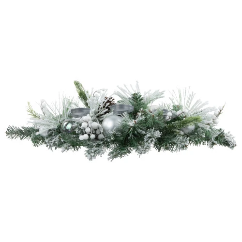 Northlight Flocked Pine Triple Candle Holder With Iridescent Christmas Ornaments - 30" 8 Northlight Flocked Pine Triple Candle Holder With Iridescent Christmas Ornaments - 30" - Image 6