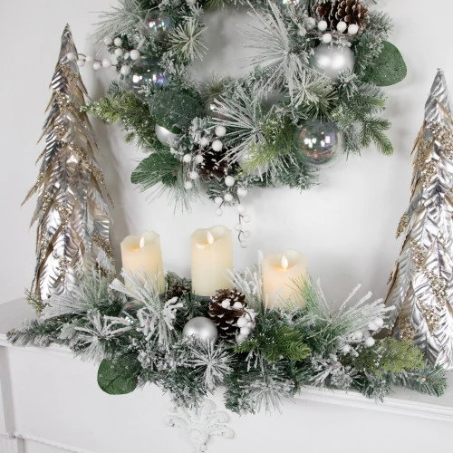 Northlight Flocked Pine Triple Candle Holder With Iridescent Christmas Ornaments - 30" 4 Northlight Flocked Pine Triple Candle Holder With Iridescent Christmas Ornaments - 30" - Image 2