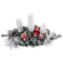 Northlight Triple Candle Holder With Flocked Pine And Christmas Ornaments - 32" - Red And White -Northlight Christmas northlight sm94115 1 26922.1667549887