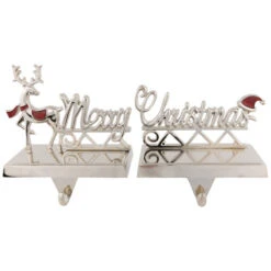 Northlight Set Of 2 Silver Reindeer Merry Christmas Metal Stocking Holders 5.5"