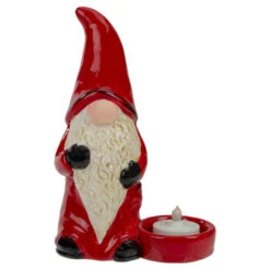 Gnome Tea Light Christmas Candle Holder - 7" - Red And Black