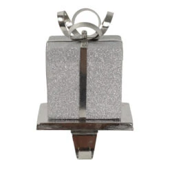 Northlight 5.5" Silver Glitter Gift Box With Bow Christmas Metal Stocking Holder -Northlight Christmas northlight wy15258 96889.1691247511