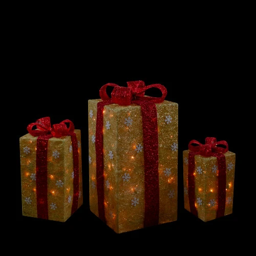 Northlight Set Of 3 Lighted Tall Gold Gift Boxes With Red Bows Christmas Outdoor Decorations 18" 4 Northlight Set Of 3 Lighted Tall Gold Gift Boxes With Red Bows Christmas Outdoor Decorations 18" - Image 2
