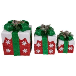 Northlight Set Of 3 Lighted Red With White Snowflakes Gift Boxes Christmas Decorations