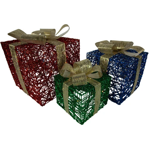 Northlight Set Of 3 Lighted Red, Blue And Green Gift Boxes Christmas Decorations 9.75" 3 Northlight Set Of 3 Lighted Red, Blue And Green Gift Boxes Christmas Decorations 9.75"