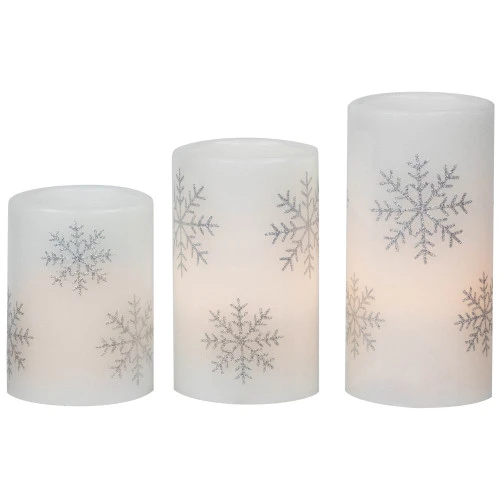 Northlight LED Flameless Flickering Wax Pillar Snowflake Christmas Candles - 6" - Set Of 3 3 Northlight LED Flameless Flickering Wax Pillar Snowflake Christmas Candles - 6" - Set Of 3