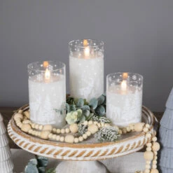 Northlight LED Flameless Flickering Snowy Woodland Glass Christmas Pillar Candles - 6" - Set Of 3 -Northlight Christmas northlight yw95078 styled 02 48984.1697473594