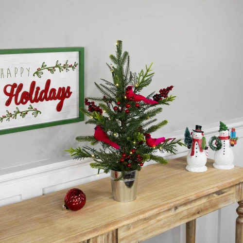 Northlight Pre-Lit LED Mixed Pine Potted Christmas Tree With Berries And Cardinals - 2' - Warm White Lights 4 Northlight Pre-Lit LED Mixed Pine Potted Christmas Tree With Berries And Cardinals - 2' - Warm White Lights - Image 2
