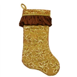 Northlight 19" Gold Sequined Floral Venetian Style Ruffle Cuff Christmas Stocking