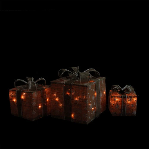 Northlight Lighted Snowflake Burlap Gift Boxes Outdoor Christmas Decorations - Clear - Set Of 3 4 Northlight Lighted Snowflake Burlap Gift Boxes Outdoor Christmas Decorations - Clear - Set Of 3 - Image 2