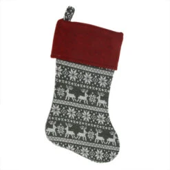 Northlight 19" Festive Grey, White And Red Snowflakes & Reindeer Knit Christmas Stocking